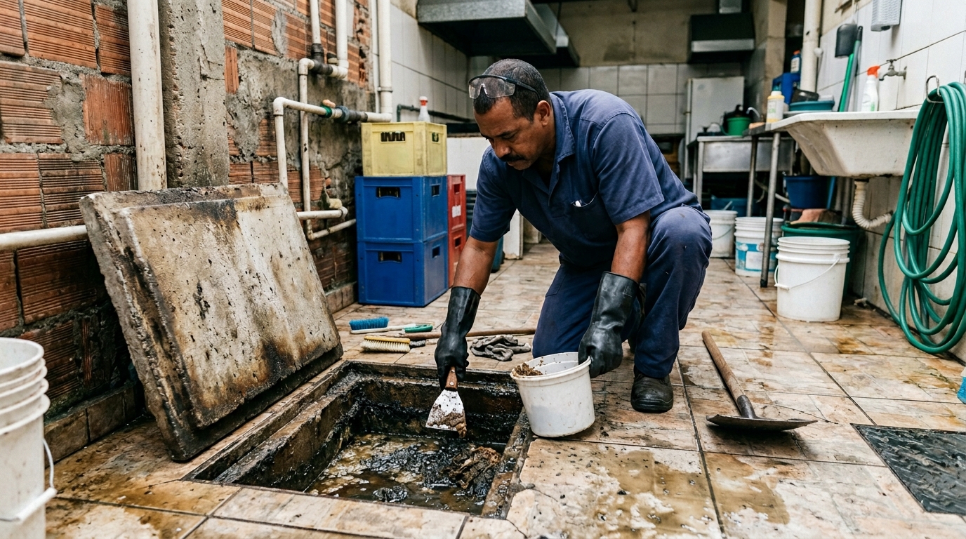 Limpeza de caixa de gordura residencial em Vitória-ES